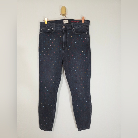 Alice + Olivia Good High-rise Embellished Ankle Skinny Jeans Black Magic Size 32 - Picture 1 of 10